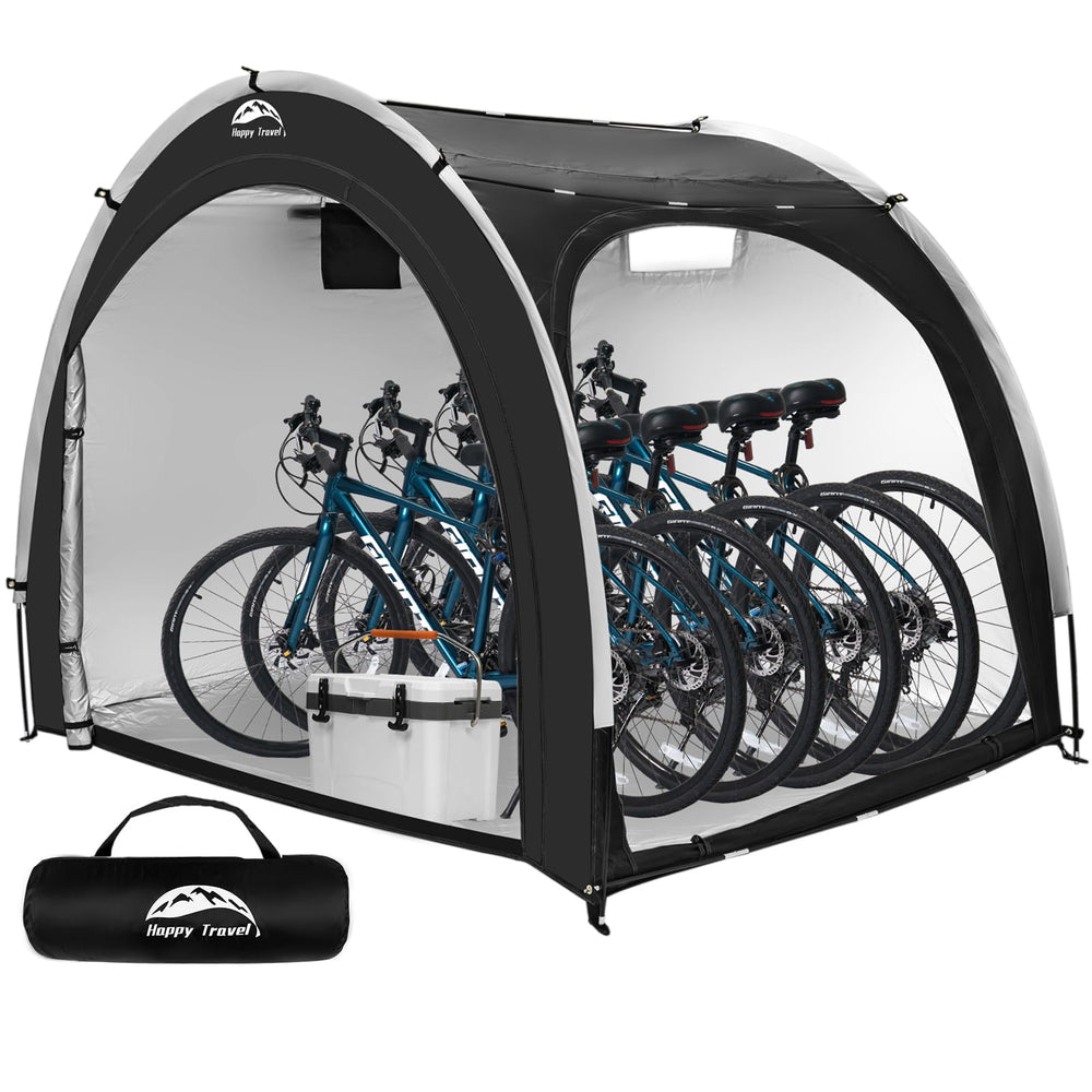 HAPPY TRAVEL front view of pitched bike shed showing full coverage benefit