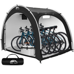 HAPPY TRAVEL front view of pitched bike shed showing full coverage benefit