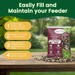 Happy Wings safflower seed detail emphasizing low-mess option for cleaner lawns