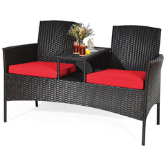 HAPPYGRILL loveseat front view showing compact rattan design and usable coffee table