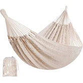 HappyPicnic front view of family-size white hammock showing full bed and spreader-free design, comfortable lounging