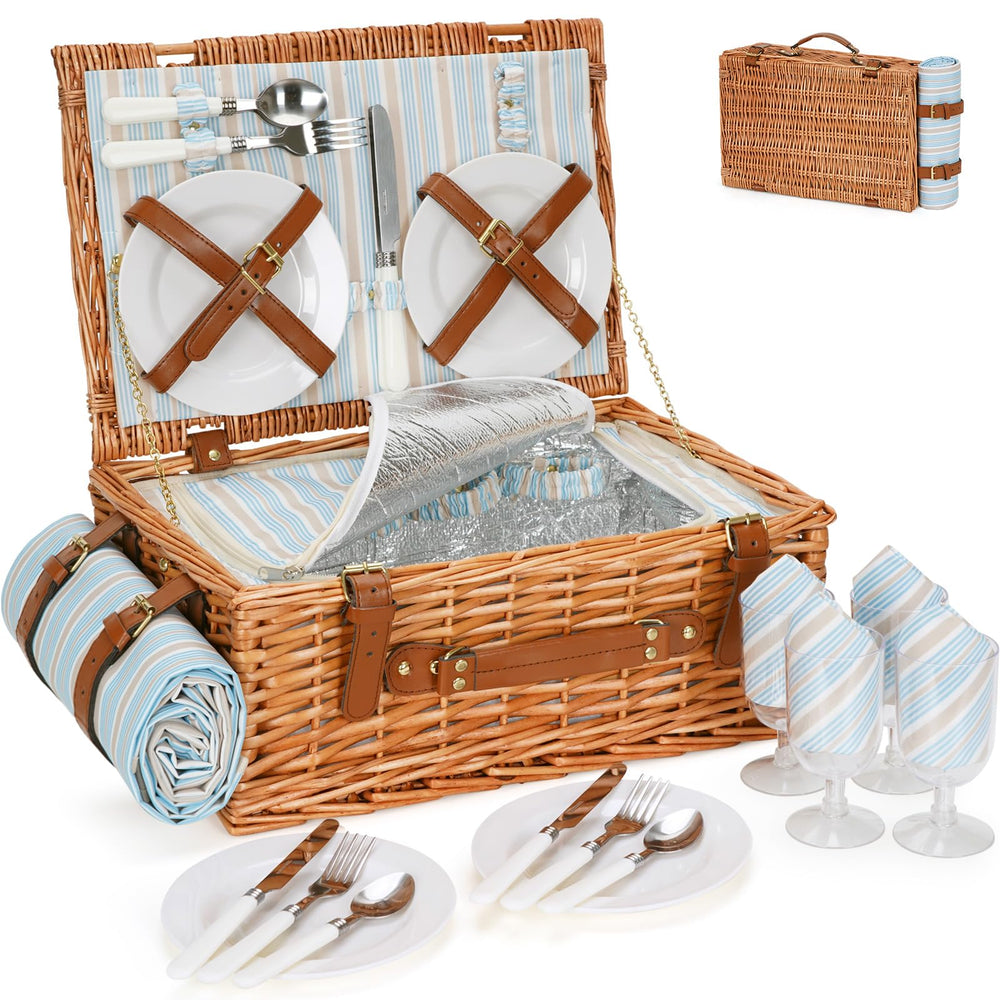 HappyPicnic wicker basket front view shows neat packing convenience