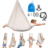 Harkla sensory swing front view showing secure nylon hammock and calm space
