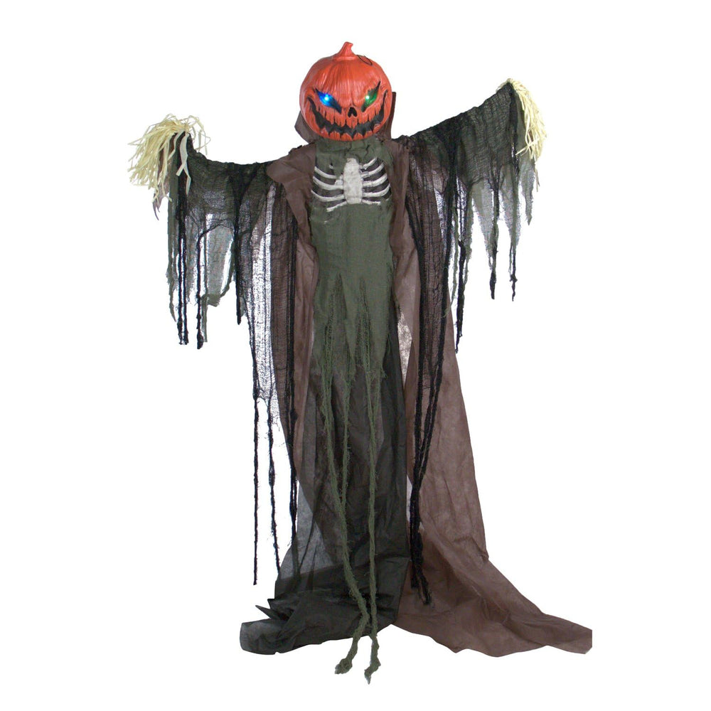 Haunted Hill Farm front view of full 6.6-ft pumpkin scarecrow creates dramatic entrance