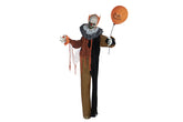 Haunted Hill Farm front view of life-size clown showing poseable display and eerie red eyes