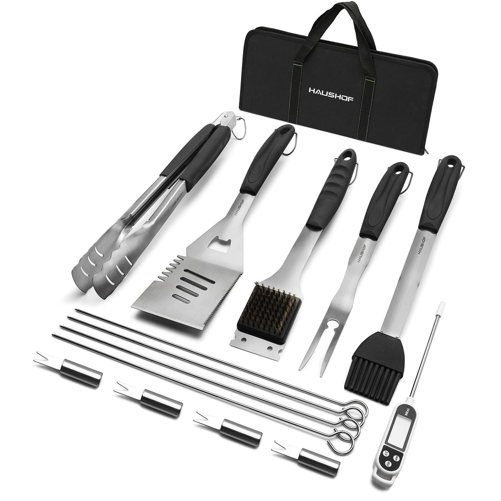 HAUSHOF front view of complete 15-piece set showing contents and compact bag for easy transport