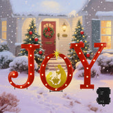 Hausse front view of JOY nativity letters showing festive yard appeal
