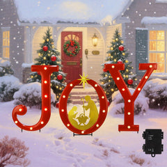 Hausse front view of JOY nativity letters showing festive yard appeal