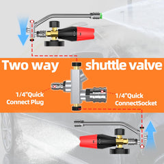 Heliwoo lance two-way valve closeup enabling quick foam or spray switch