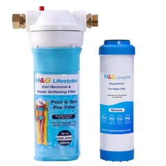 H&G lifestyles front view of iron hose filter showing compact body and benefits