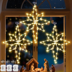 Hiboom front view showing three lit Bethlehem star silhouettes for bright holiday windows