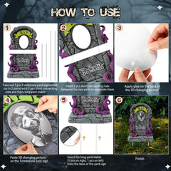 Hiboom tombstones installed in a yard with uplighting at night, enhances eerie curbside Halloween display