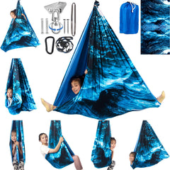 HiCamer swing front view showing ice teal fabric and roomy opening benefit comfort