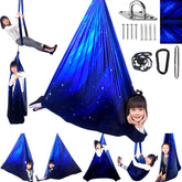 HiCamer Space Blue sensory swing front view showing roomy hammock and color benefit calming