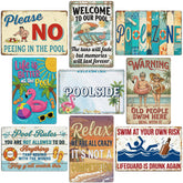 Hicarer front view of nine tin pool signs showcasing cohesive vintage look and charm