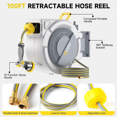 Higen 100 ft hose fully extended across lawn showing long reach for watering distant garden areas