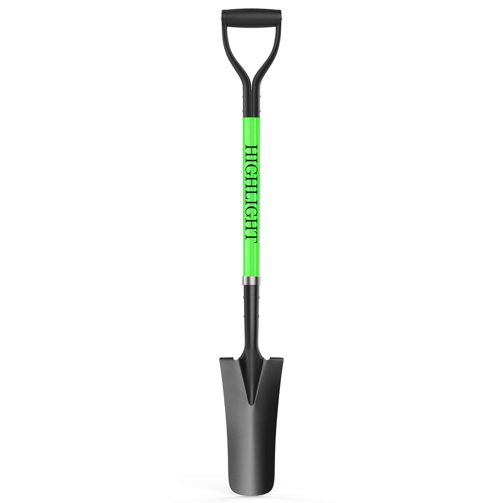 HIGHLIGHT front view of shovel showing whole tool and benefit of full-length leverage