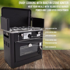 Hike Crew cooktop closeup highlighting dual burners and control knobs