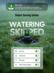 HiOazo mobile app screen showing schedule controls and weather skip for smart management