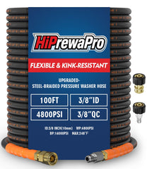HiPrewaPro coiled 100 ft hose showing compact storage and easy handling