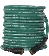 HiPrewaPro front view of green 50 ft pressure washer hose showing length and fittings for easy reach