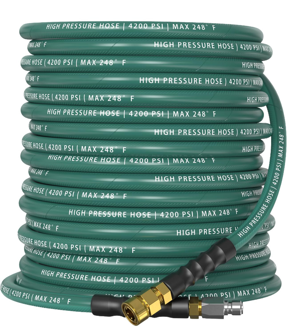 HiPrewaPro front view of 50 ft pressure washer hose showing packaging and color advantage