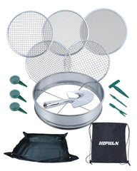 HIPULX front view sifter set showing frame, five screens and shovel for efficient sieving