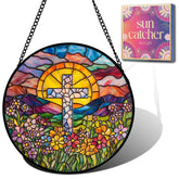 HKDGOKA front view of flower cross suncatcher showing vibrant acrylic colors and design benefit
