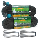 Hlinker front packaging showing two 25 ft soaker hose rolls and included stakes for quick setup