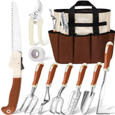 HLWDFLZ front view of entire garden tool set shows included pieces and benefits