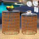 HMVPL front view of both tables showing boho rattan and LED light benefit