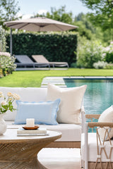 Hofdeco Premium close-up of baby-blue piping and durable polyester texture