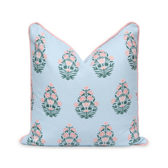 Hofdeco Premium front view showing baby blue blush floral cover and piping, stylish accent