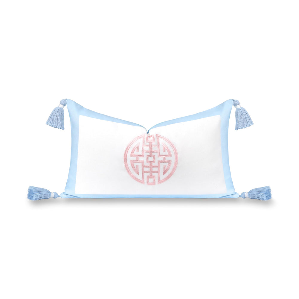 Hofdeco Premium front embroidered view showing double happiness symbol and coastal charm