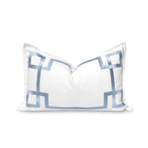 Hofdeco Premium front view showing baby blue Greek key embroidery and coastal style benefit
