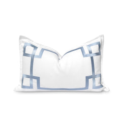 Hofdeco Premium front view showing baby blue Greek key embroidery and coastal style benefit