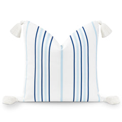 Hofdeco Premium front view stripe cover showing navy and baby blue stripes and tassels, enhances coastal decor