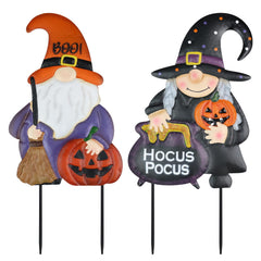 hogardeck front view of gnome and witch stakes, adds instant Halloween curb appeal
