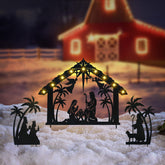Hokfirm front view of three-piece metal nativity set showing clear silhouettes and illumination