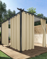HolidayIdeas front view of cream outdoor curtains showing elegant coverage and privacy