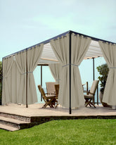 HolidayIdeas front view of taupe 8-panel curtains showing full patio coverage and style