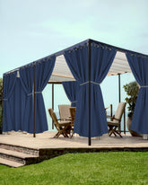 HolidayIdeas front view of navy grommet outdoor curtains showing complete 8-piece set and packaging benefit