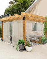 HolidayIdeas front packaging showing six 54x84 outdoor sheer curtains, easy setup benefit