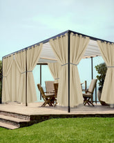 HolidayIdeas front view of cream grommet outdoor curtains showing coverage and style