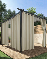 HolidayIdeas front view of taupe outdoor curtains showing full coverage benefit