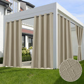 HolidayIdeas taupe front view showing full panel and drape benefit