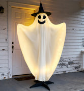 HOMELEX front view of life-size ghost showing LED glow and witch hat