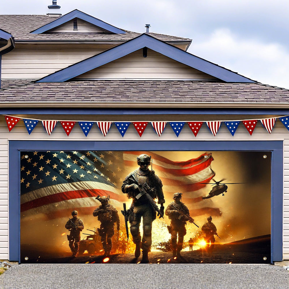 HOMETITUTE front view garage door cover showing full patriotic display and curb appeal