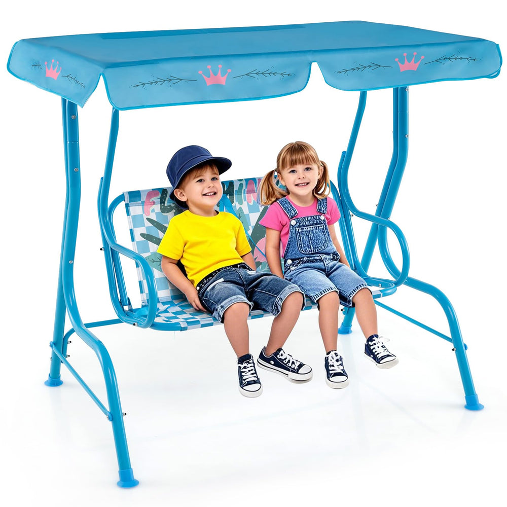 HONEY JOY front view showing two-seater swing and blue flamingo pattern, promotes shared play