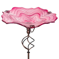 HONGLAND front view of pink glass birdbath showing whole decorative design and curb appeal